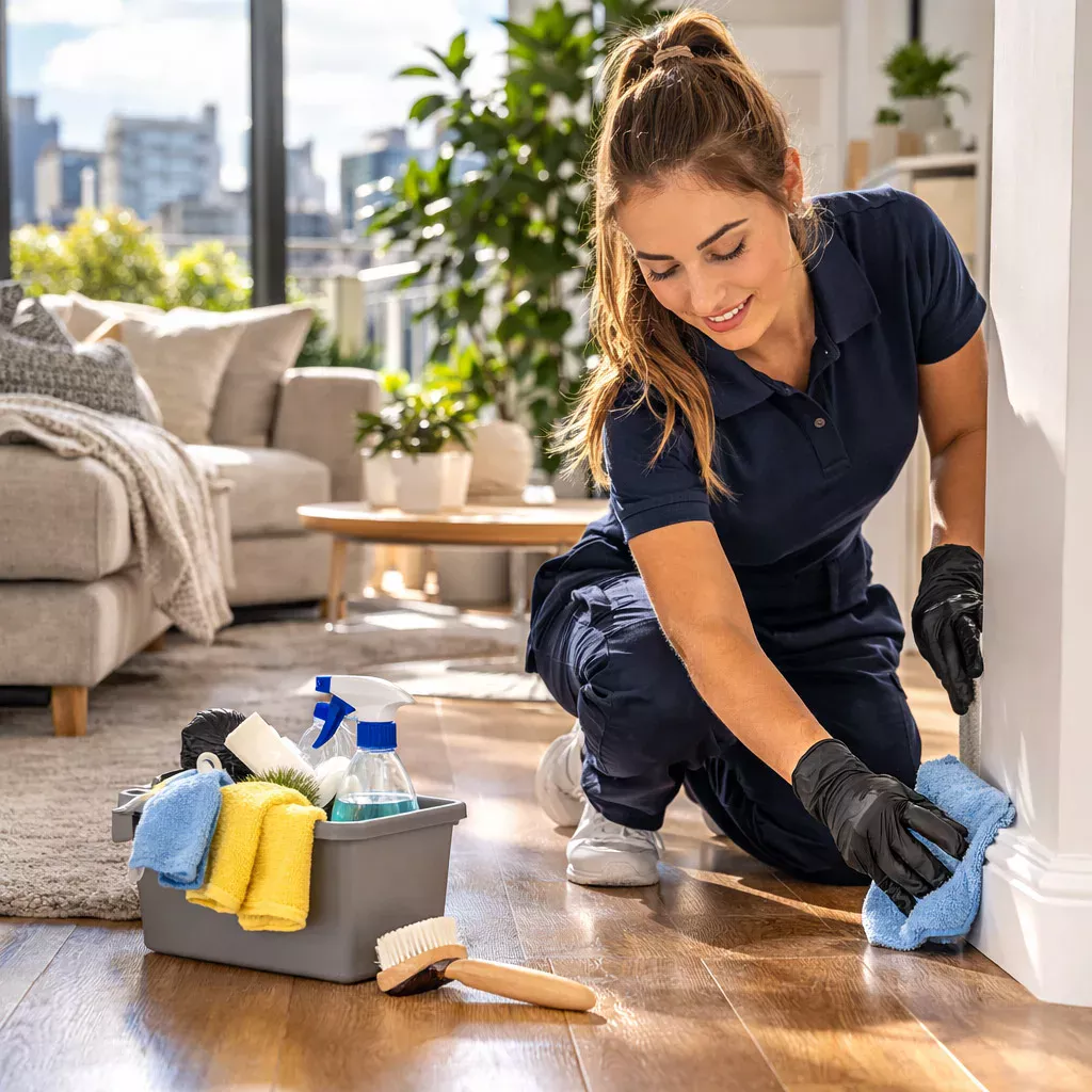 Cleaner from Palminia LLC detail-cleaning baseboards and hardwood floors in a Largo living room