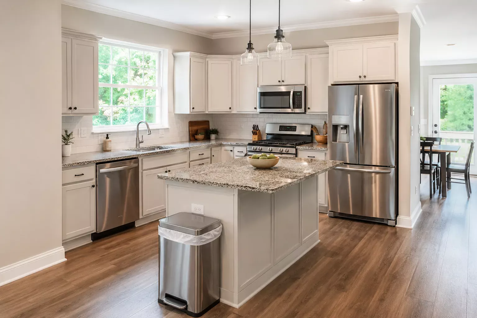 Clean kitchen with wiped counters, polished sink and mopped floors